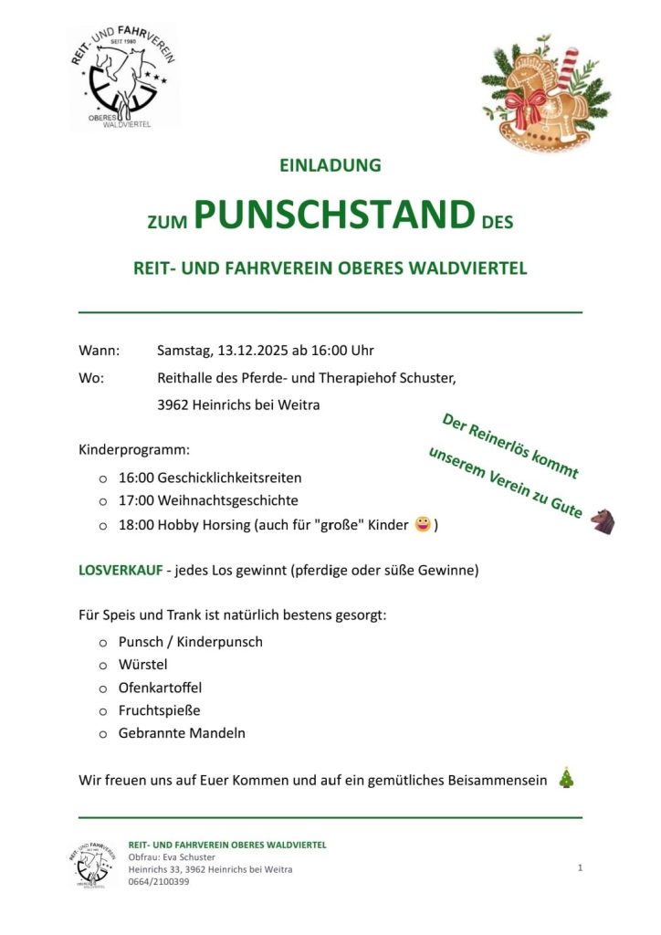 Einladung zum Punschstand des Reit- und Fahrvereins Oberes Waldviertel